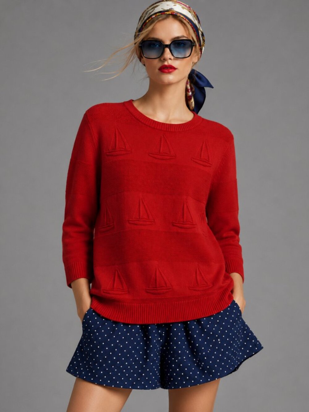 Sailboats Cotton Red Coastal Nautical Knit Sweater 3/4 Sleeve